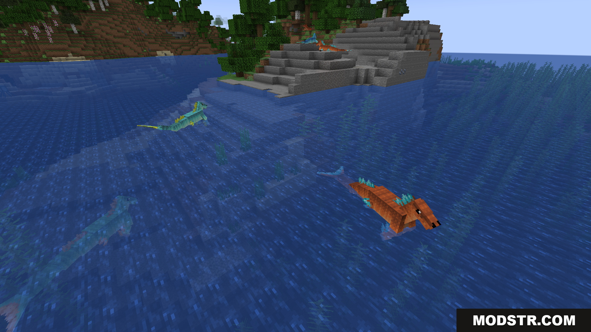 Multiple colorful hippocampus swimming near a small island