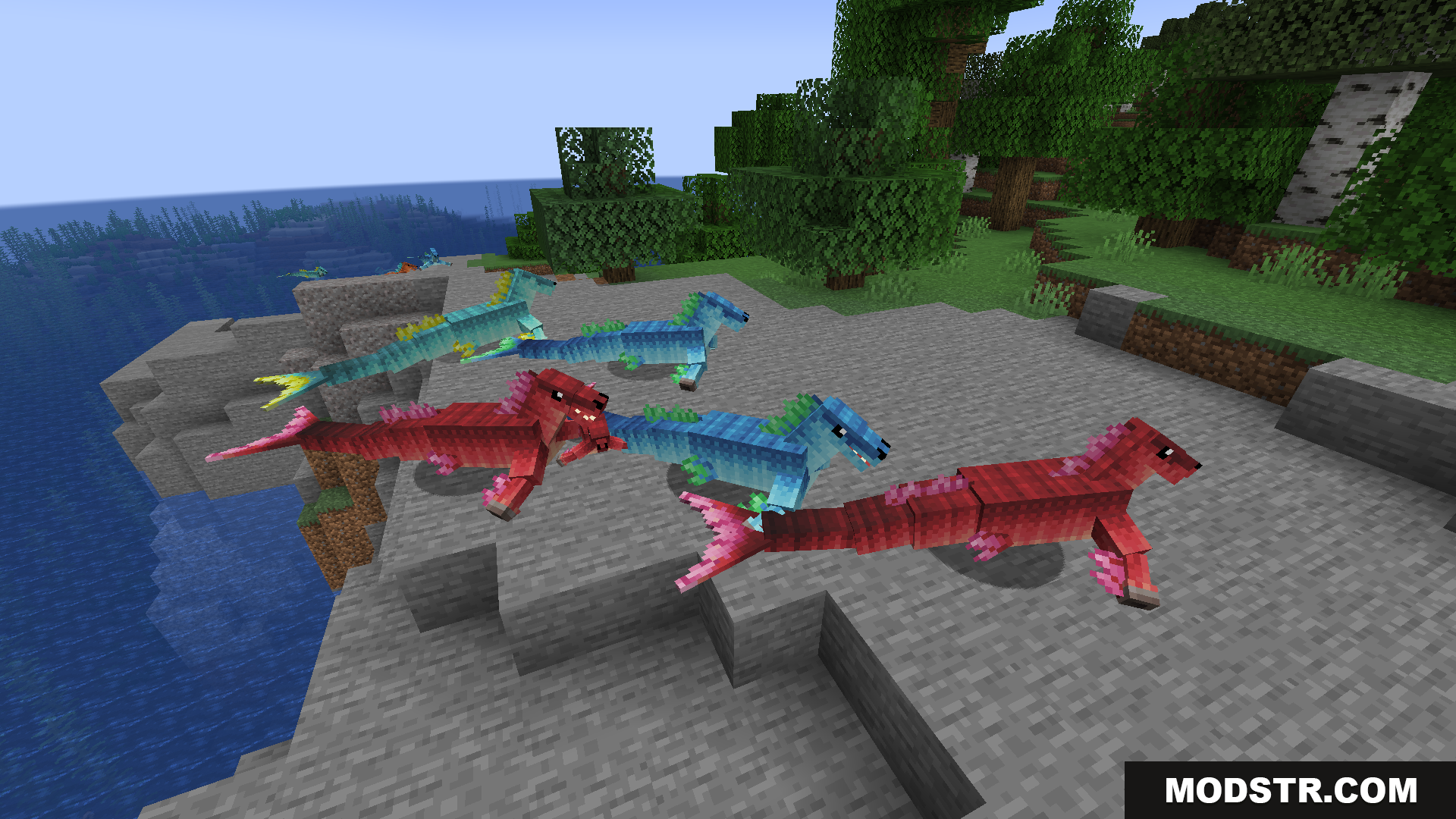 A group of colorful hippocampus resting on the shore