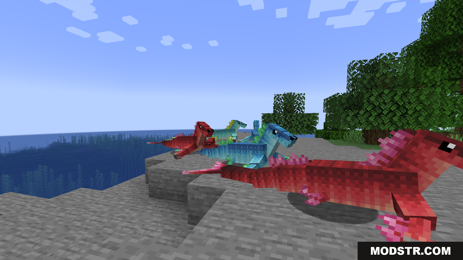 Colorful Ice and Fire Hippocampus mobs on a cliff