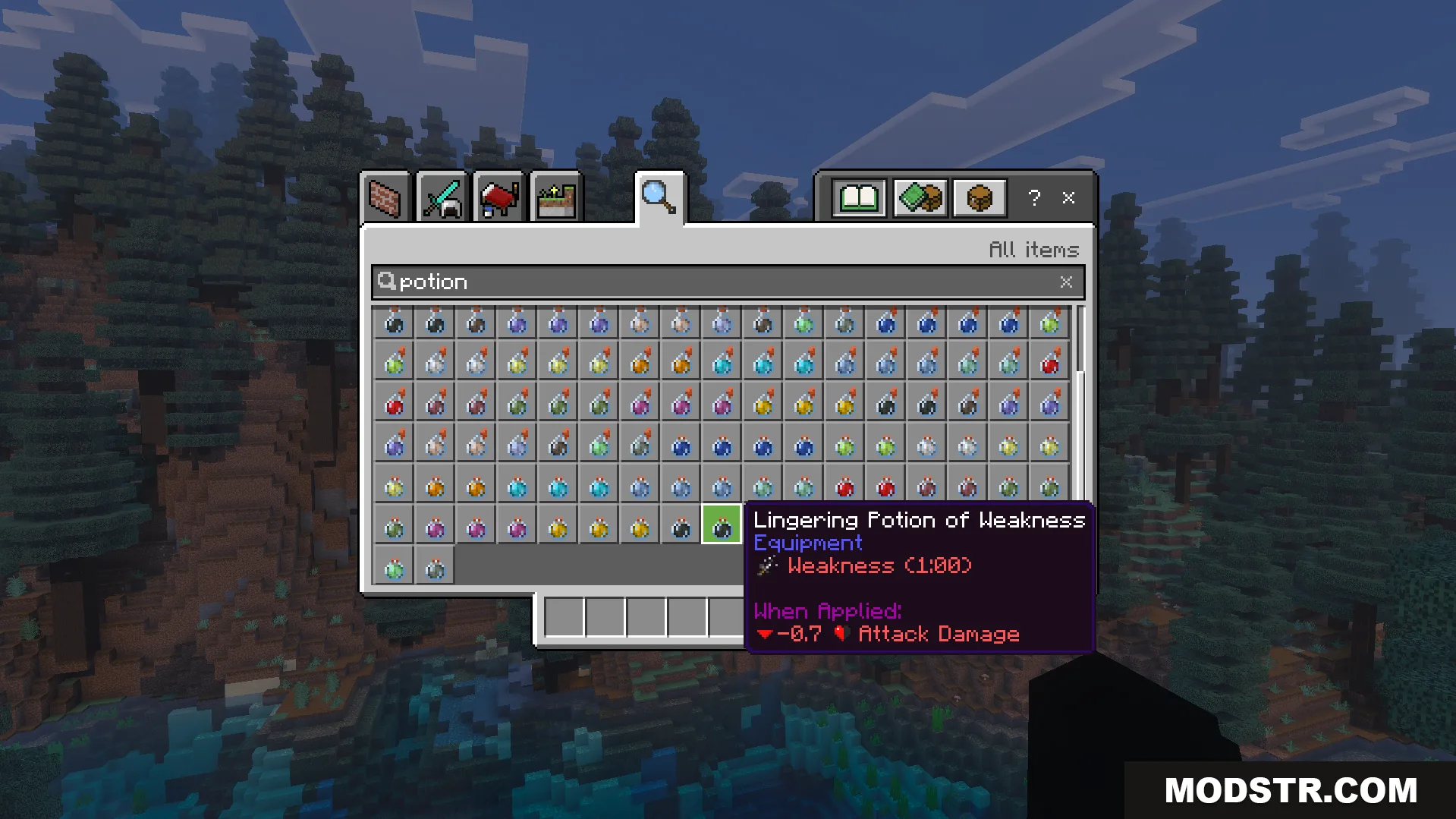 Icons Bedrock Edition Texture Pack Screenshot 8 Potion of weakness tooltip showing custom icons in the Minecraft creative inventory screen
