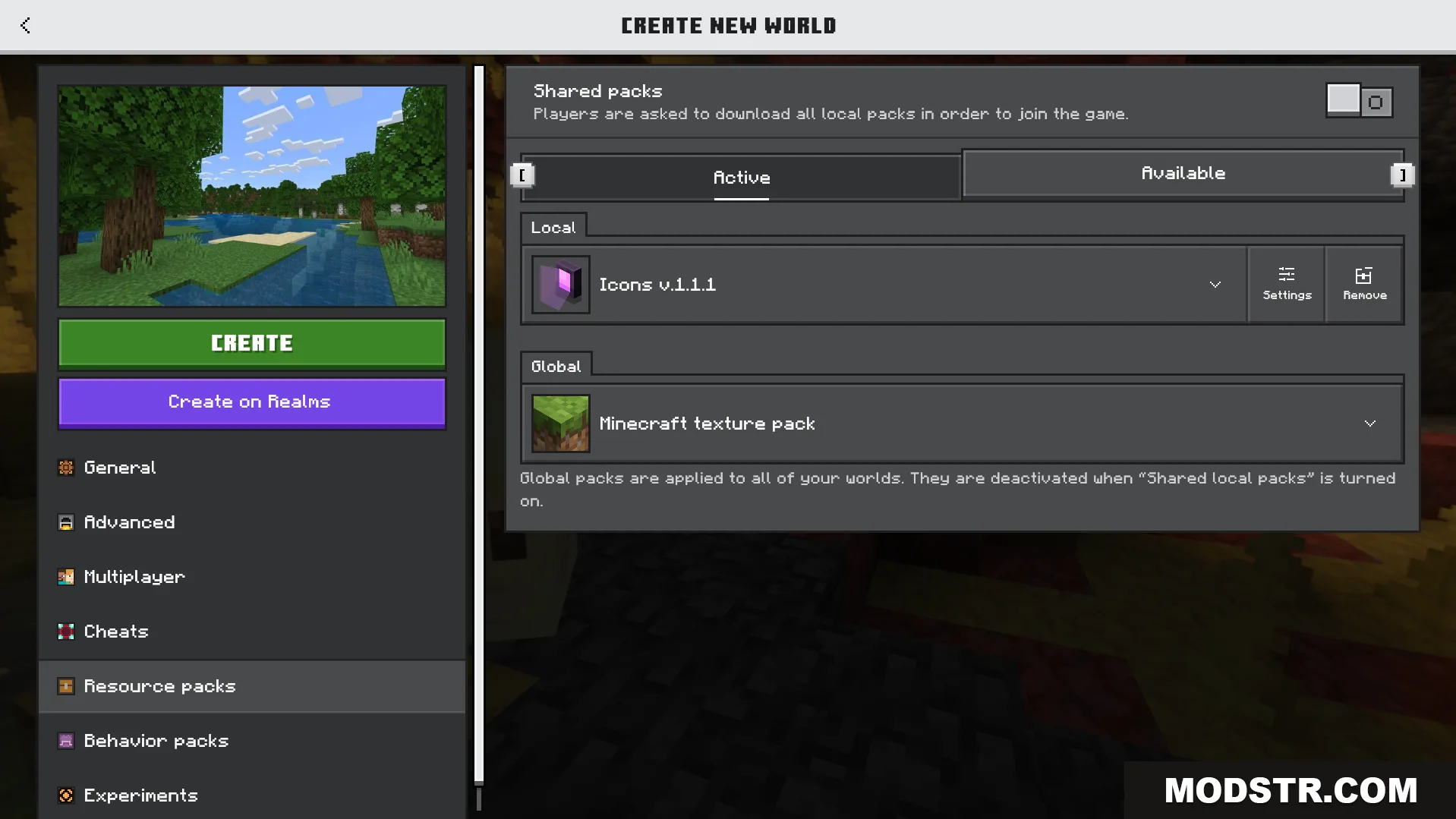 Icons Bedrock Edition Texture Pack Screenshot 1 Resource pack menu in Minecraft Bedrock showing the active Icons texture pack