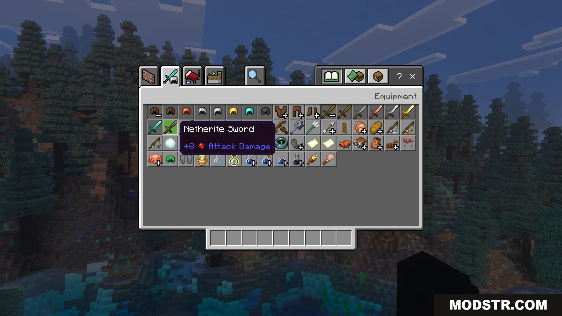 Icons Bedrock Edition Texture Pack Screenshot 4 Inventory screen displaying a netherite sword with a custom attack damage icon