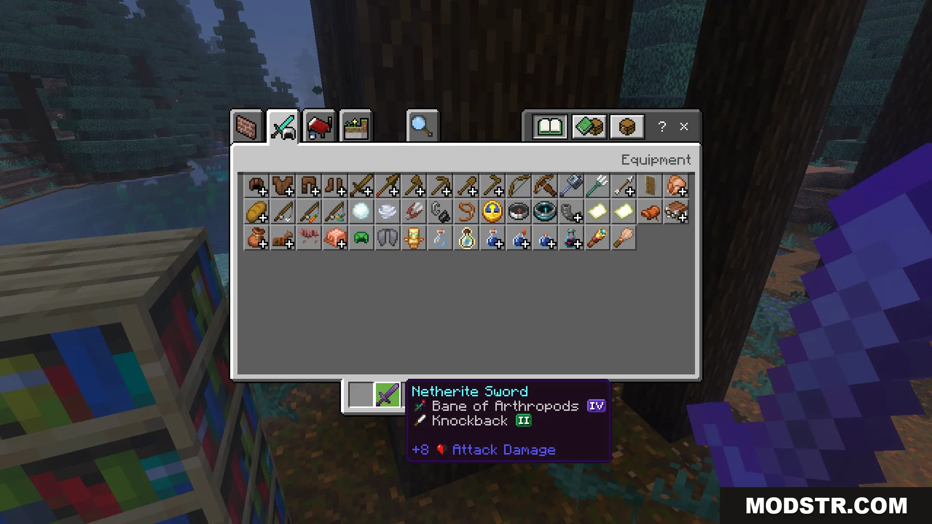 Icons Bedrock Edition Texture Pack Screenshot 10 Inventory screen showing a netherite sword with custom icons for its enchantments