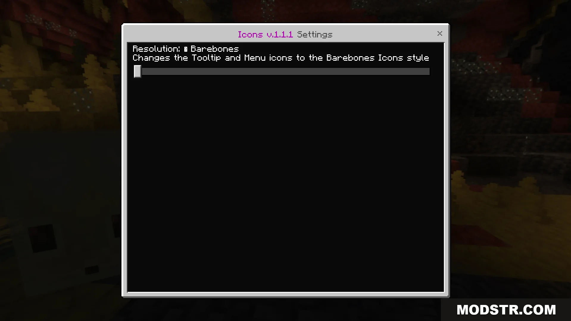 Icons Bedrock Edition Texture Pack Screenshot 2 Settings window with a slider to change the resolution for menu symbols