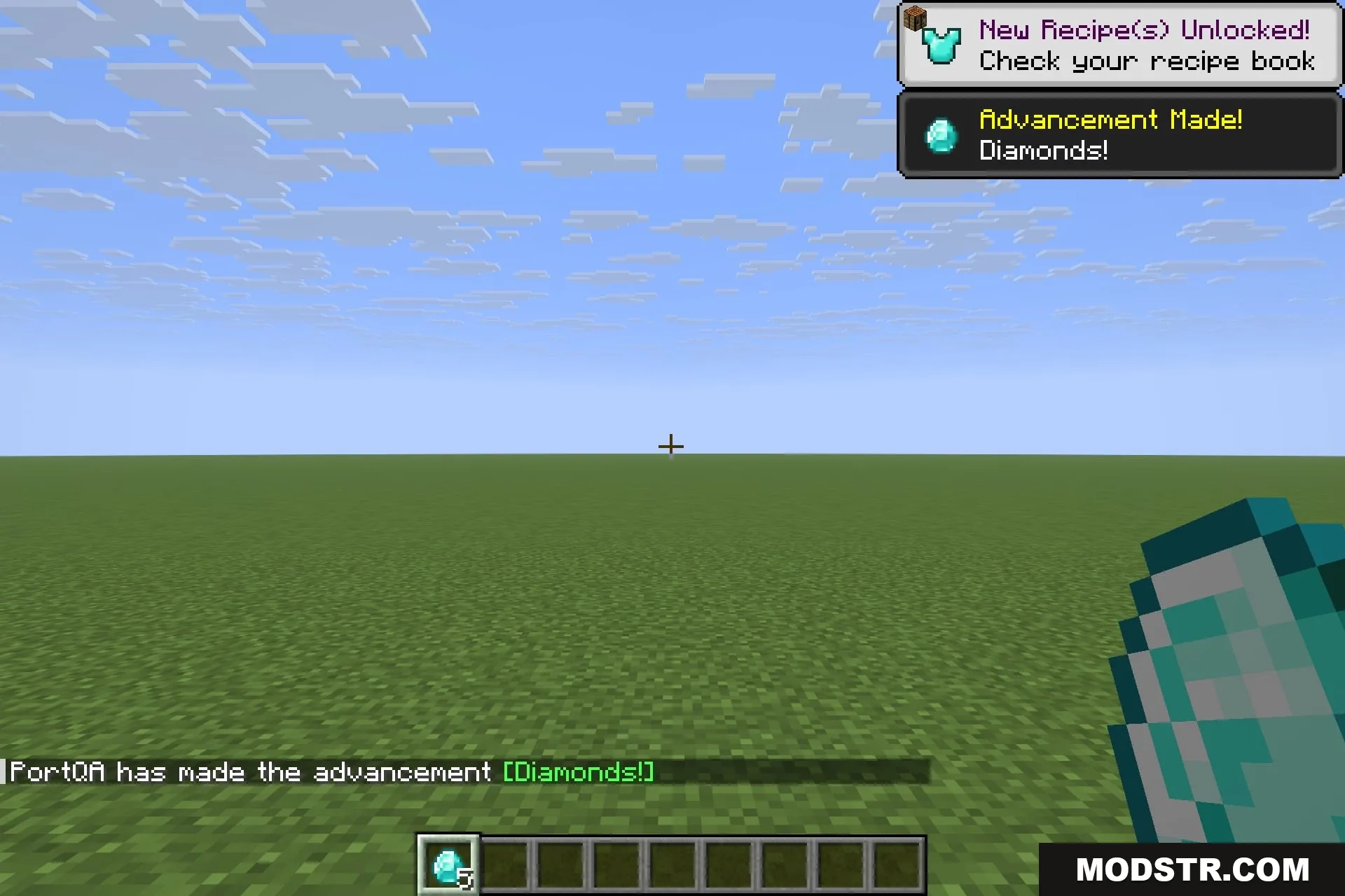 Icterine 9minecraft Mod Screenshot 2 A player earns the diamonds advancement while holding a diamond in a flat world