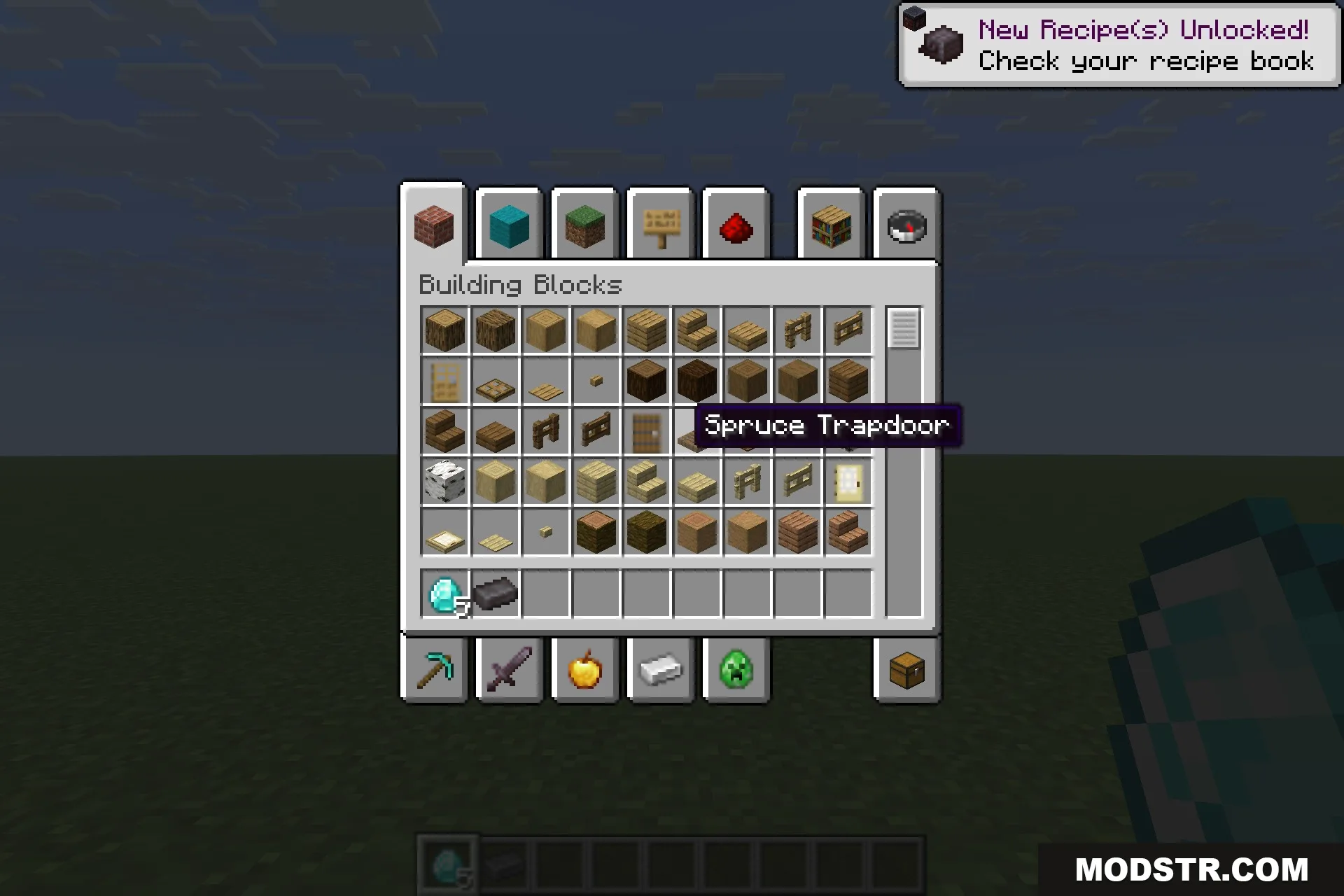 Icterine 9minecraft Mod Screenshot 4 Creative mode inventory screen displaying building blocks and a tooltip for spruce trapdoor