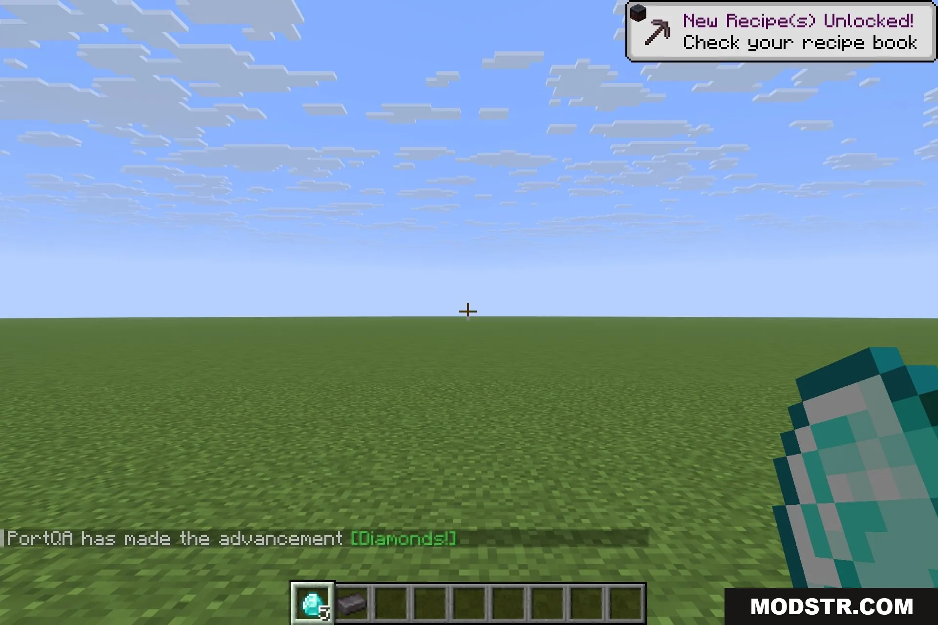 Icterine 9minecraft Mod Screenshot 3 Player holding a diamond in a flat world while unlocking the Diamonds advancement