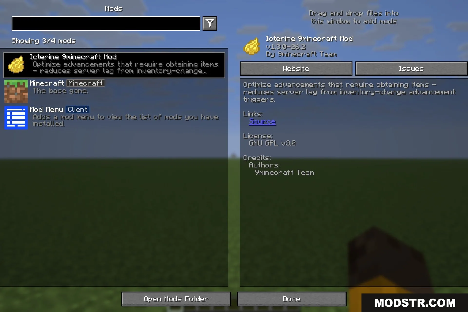 Icterine 9minecraft Mod Screenshot 1 The mod menu interface displays information about the Icterine server optimization mod