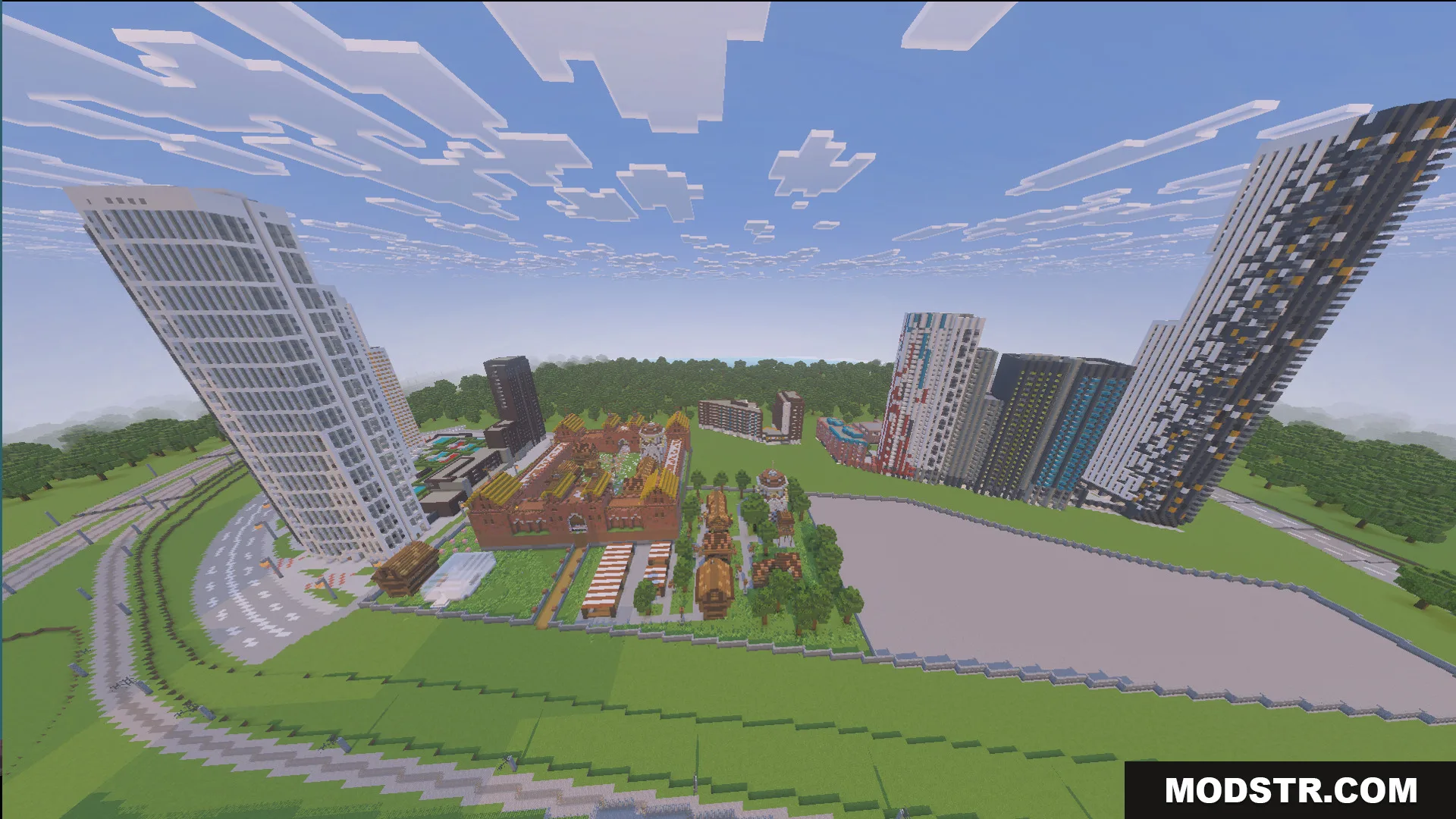 Immersion Moscow Map Screenshot 9 Wide view of a city with tall skyscrapers and red brick buildings