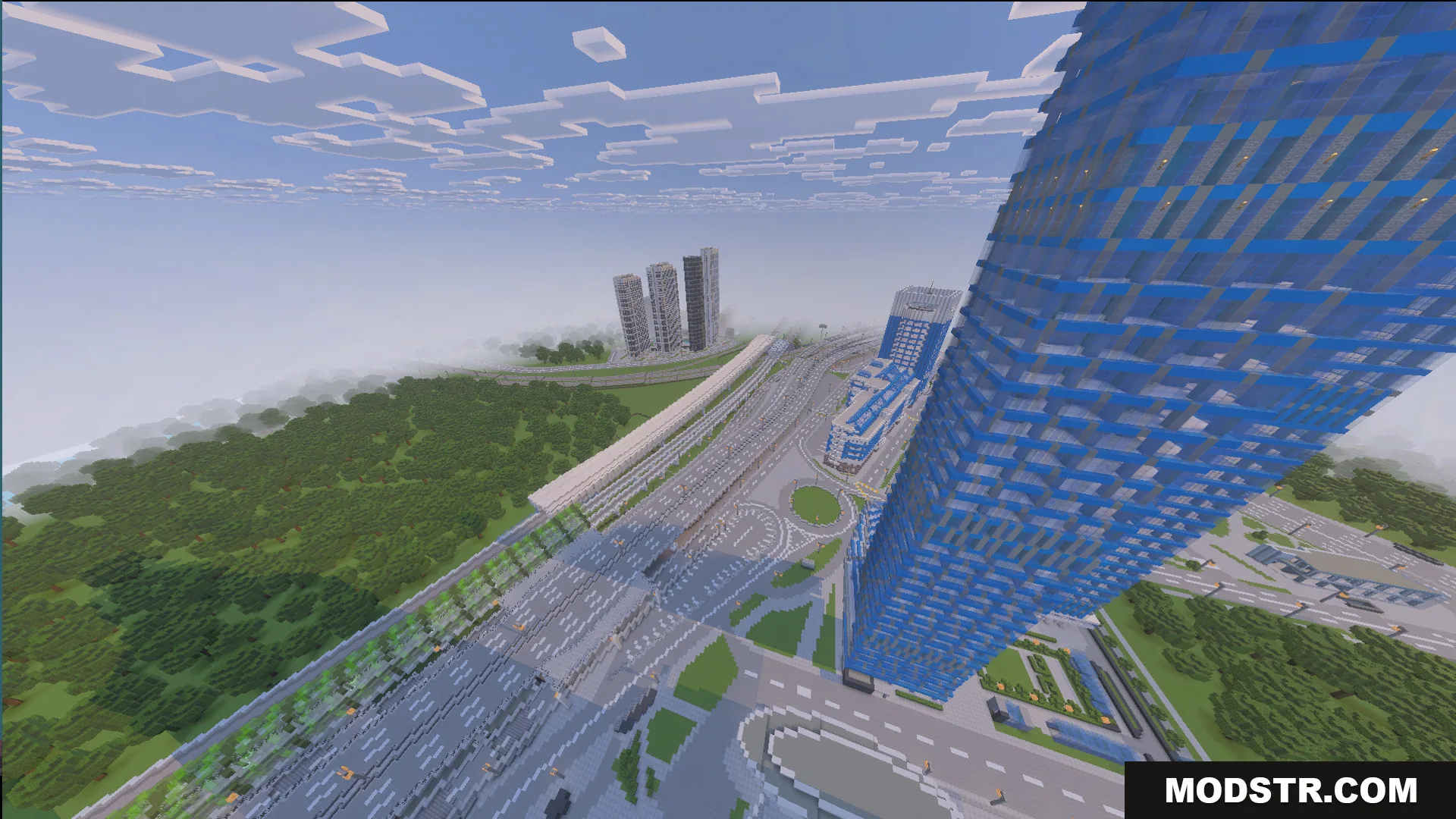 Immersion Moscow Map Screenshot 8 Aerial view of a large highway system and tall blue city buildings