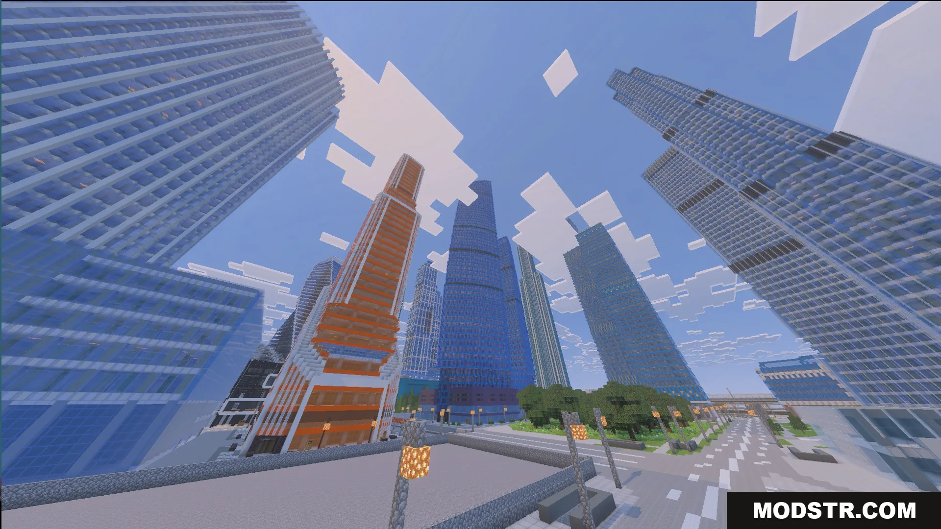 Immersion Moscow Map Screenshot 1 Low angle view of towering skyscrapers and streetlights on a city road