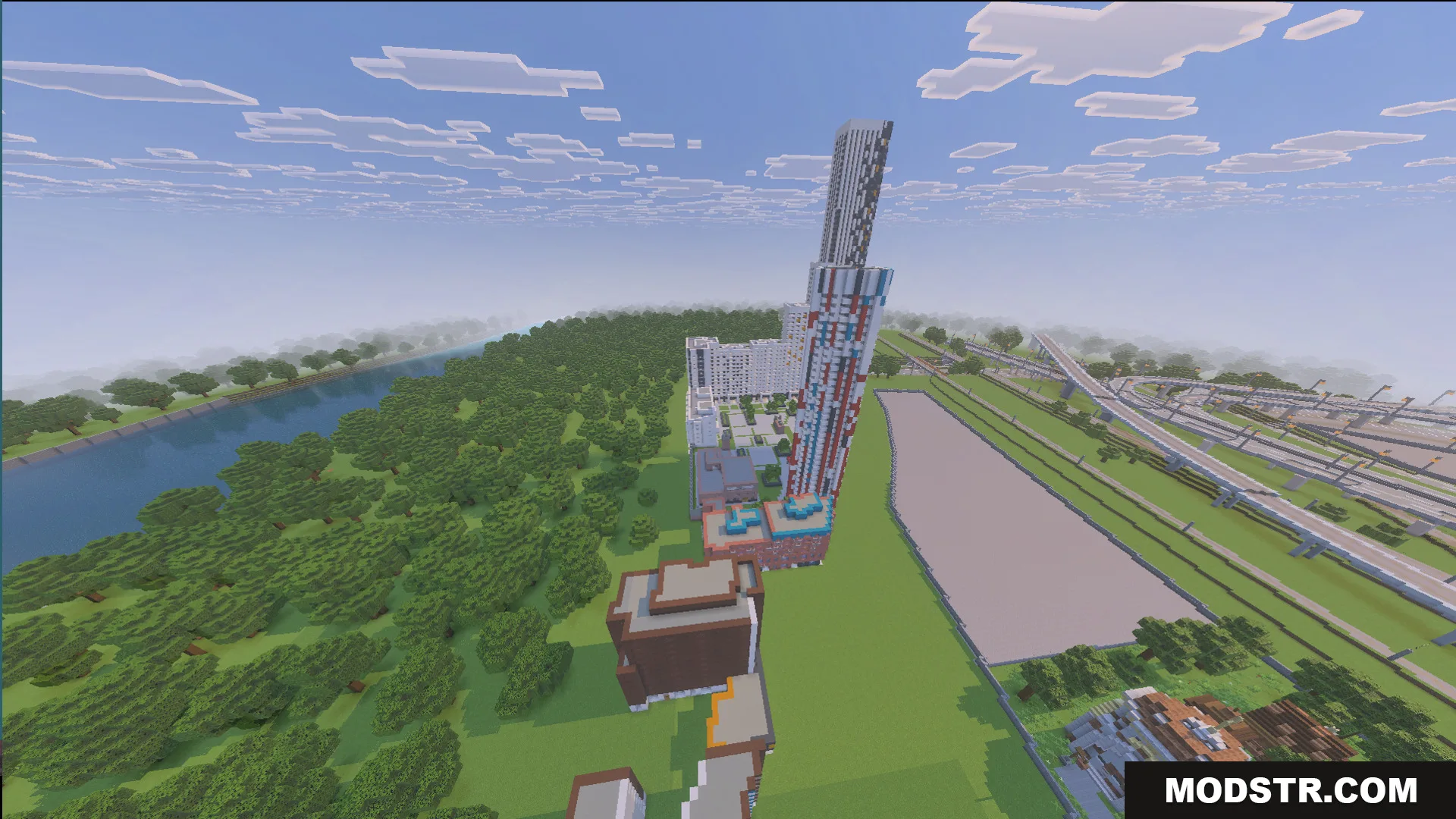 Immersion Moscow Map Screenshot 10 Aerial view of a river next to a forest and modern city buildings