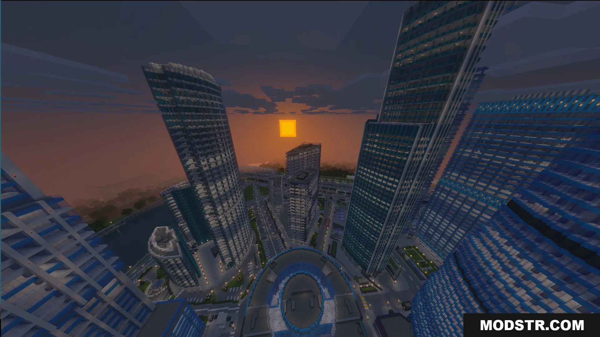 Immersion Moscow Map Screenshot 6 Looking up at tall city skyscrapers under a square orange sun