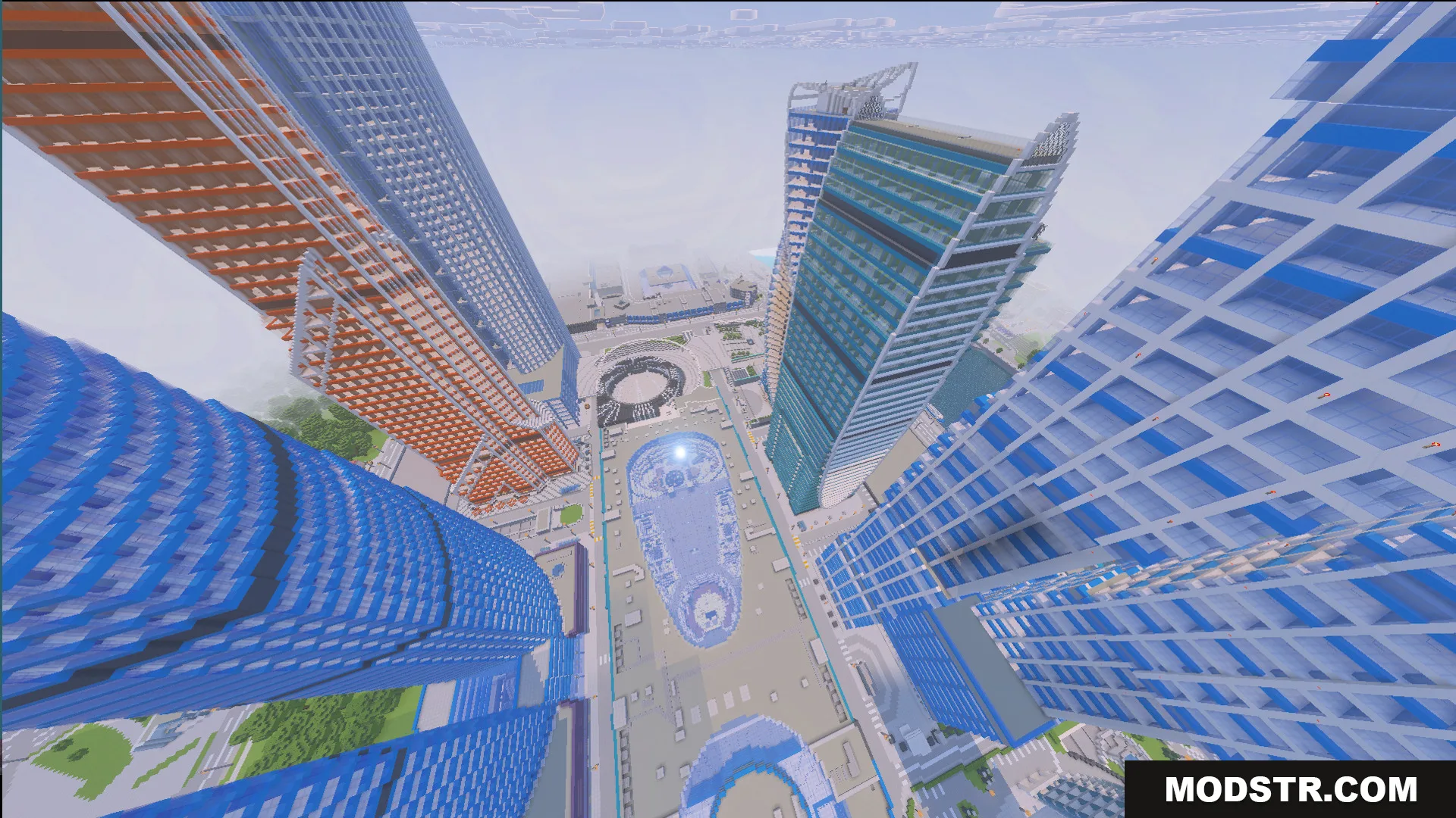 Immersion Moscow Map Screenshot 5 Aerial view of blue and orange skyscrapers in Immersion Moscow Map