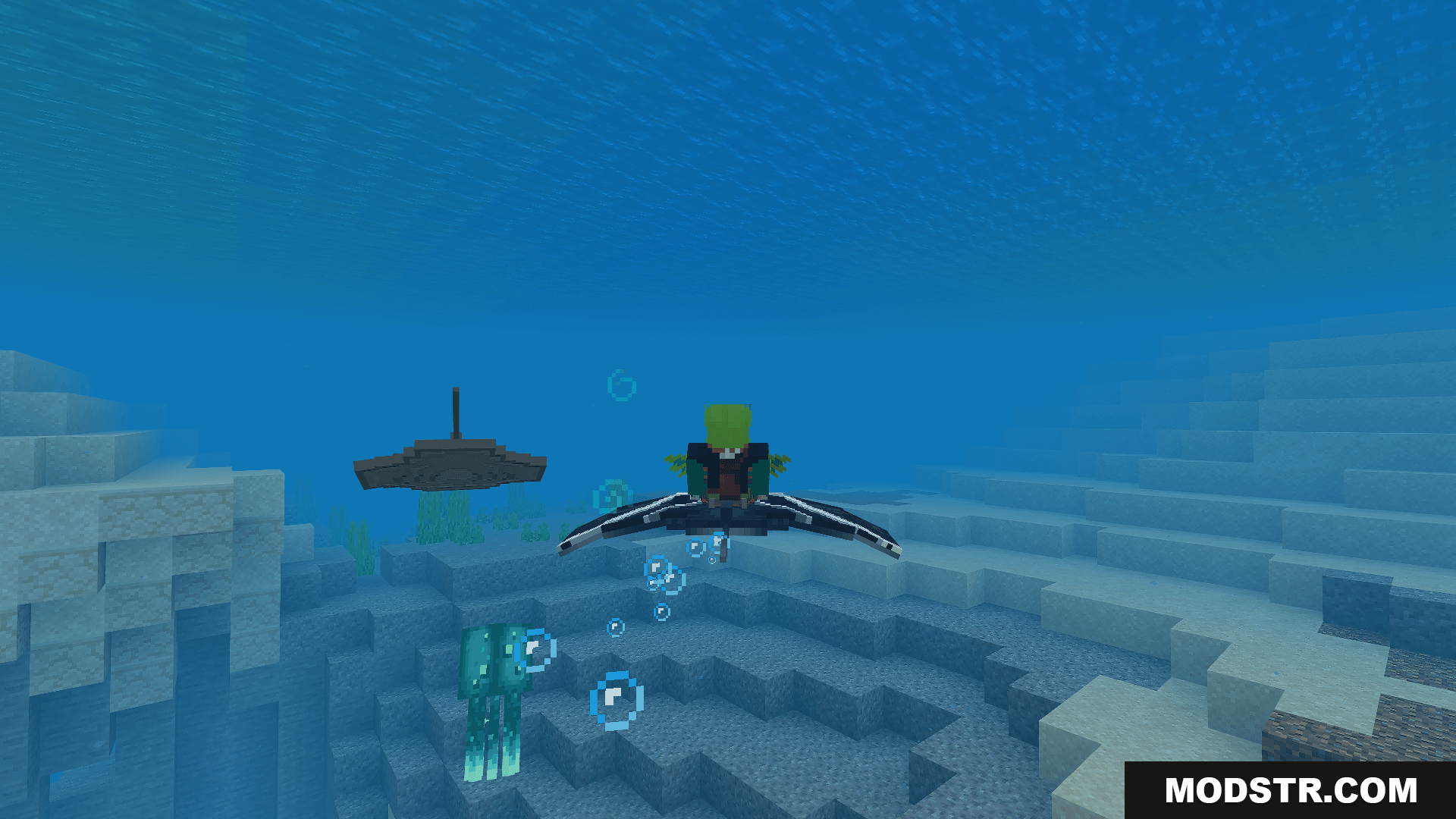 A player swims underwater with a manta ray in Minecraft