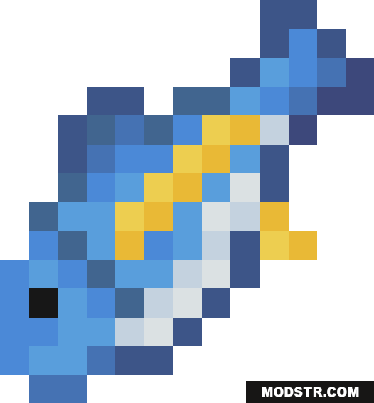 A pixelated blue and yellow fish from a Minecraft addon