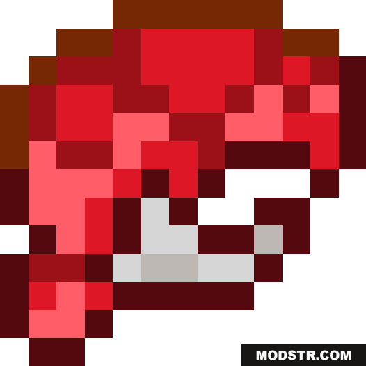 A pixelated red monster head with a sharp white tooth