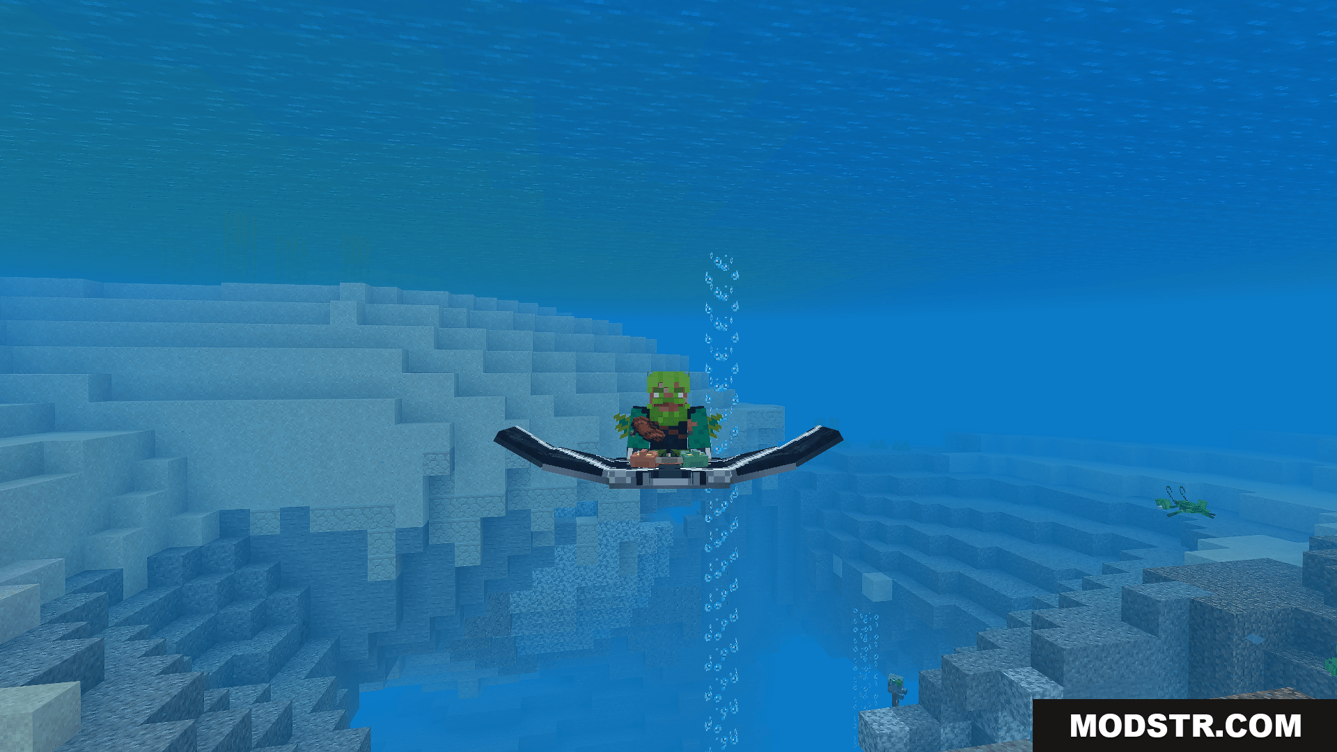 A zombie rides a manta ray through the deep ocean
