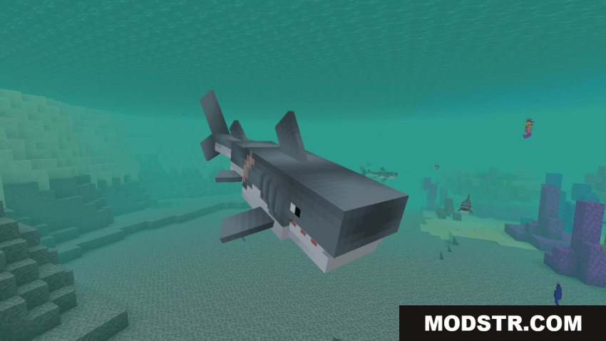 A large shark swims through the underwater Minecraft ocean biome