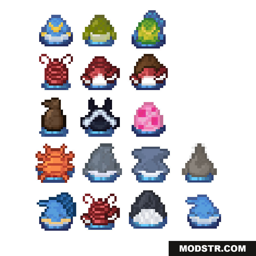 Various pixelated creature eggs from a Minecraft Bedrock addon