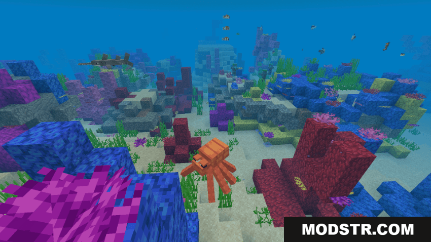 An orange octopus swims through a vibrant underwater coral reef