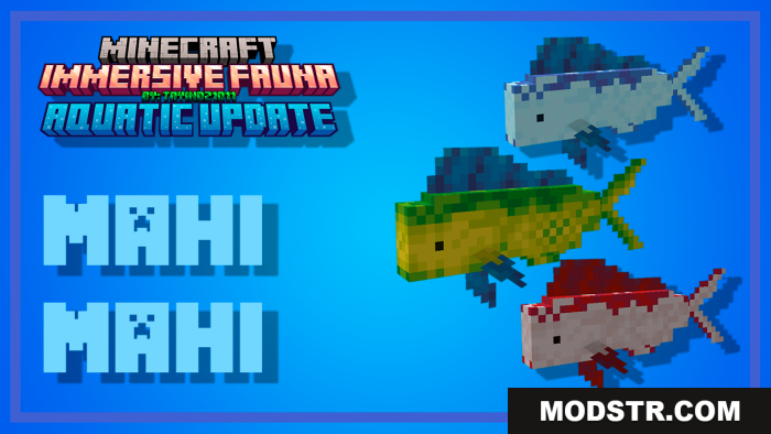 Three colorful pixelated Mahi Mahi fish from Immersive Fauna mod