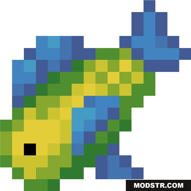 A pixelated colorful fish character from a Minecraft Bedrock addon