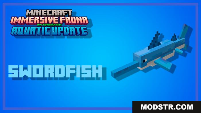 A Minecraft Immersive Fauna Aquatic Update screenshot featuring a swordfish