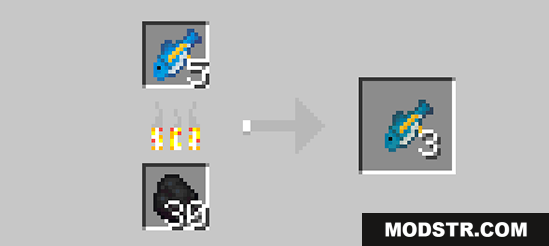 A furnace smelting raw fish into cooked fish in Minecraft