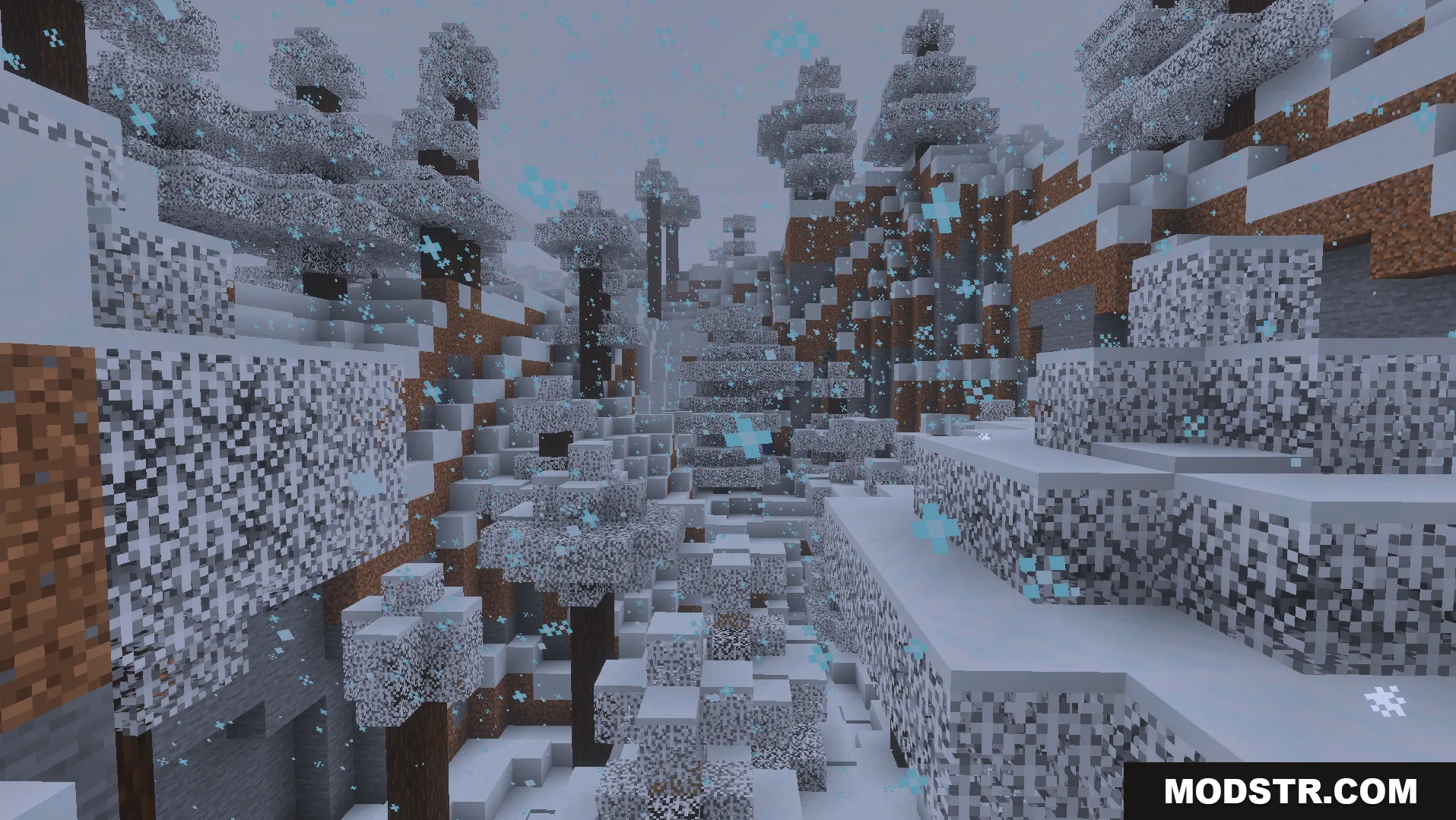 Realistic snowflakes fall over a snowy forest with spruce trees during a storm