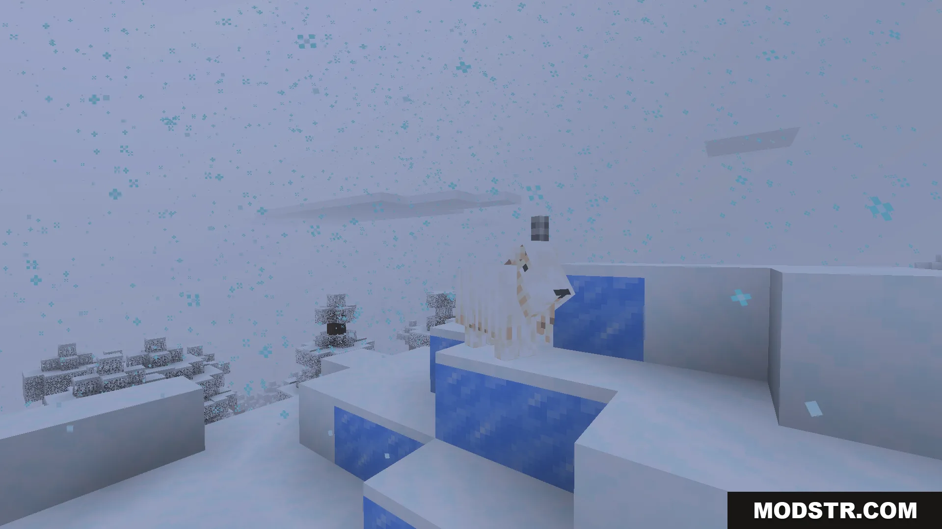Detailed snowflakes tumble and drift around a goat in a snowy mountain biome