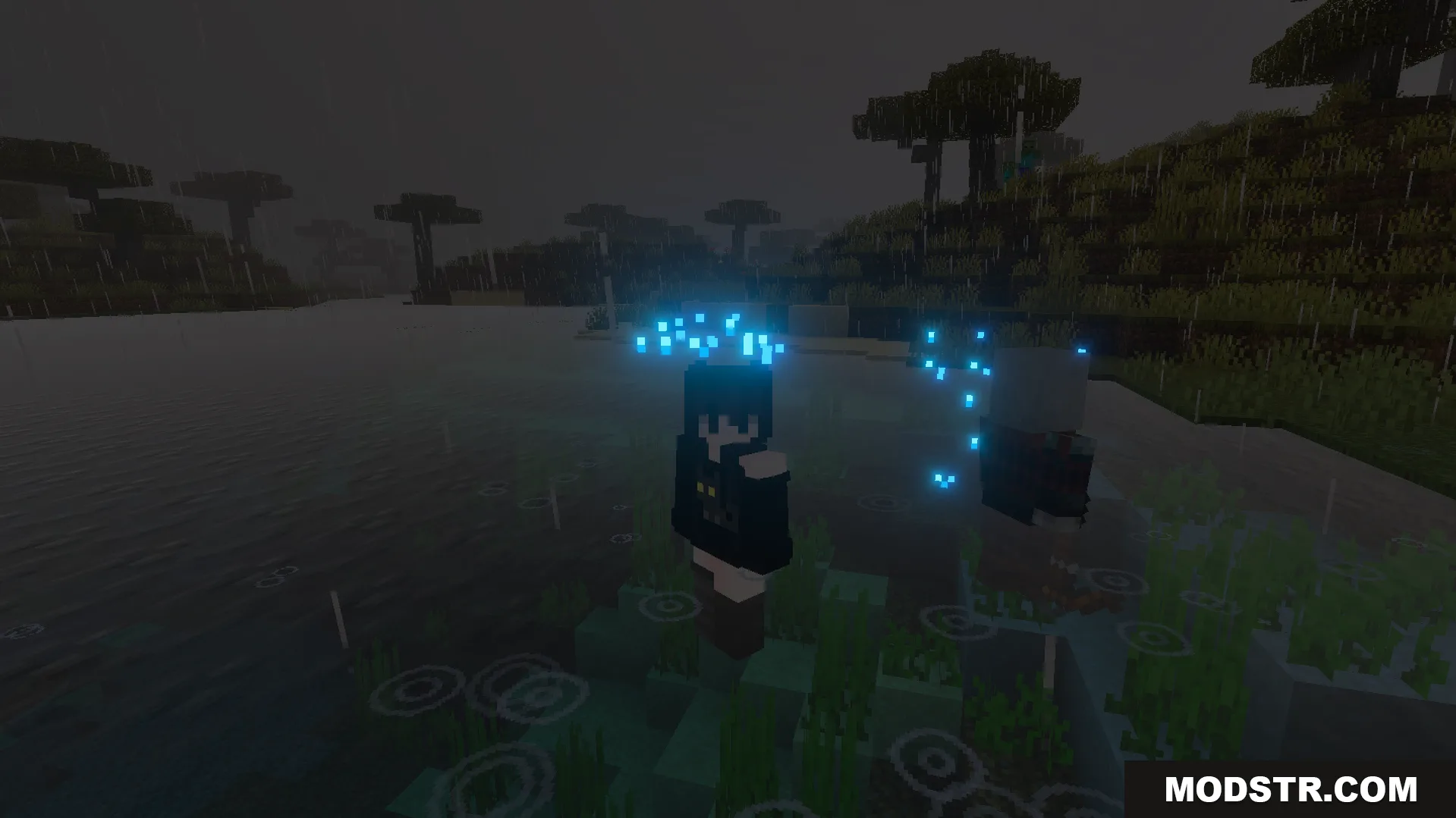 Glowing blue water drip particles fall around a character in the pouring rain