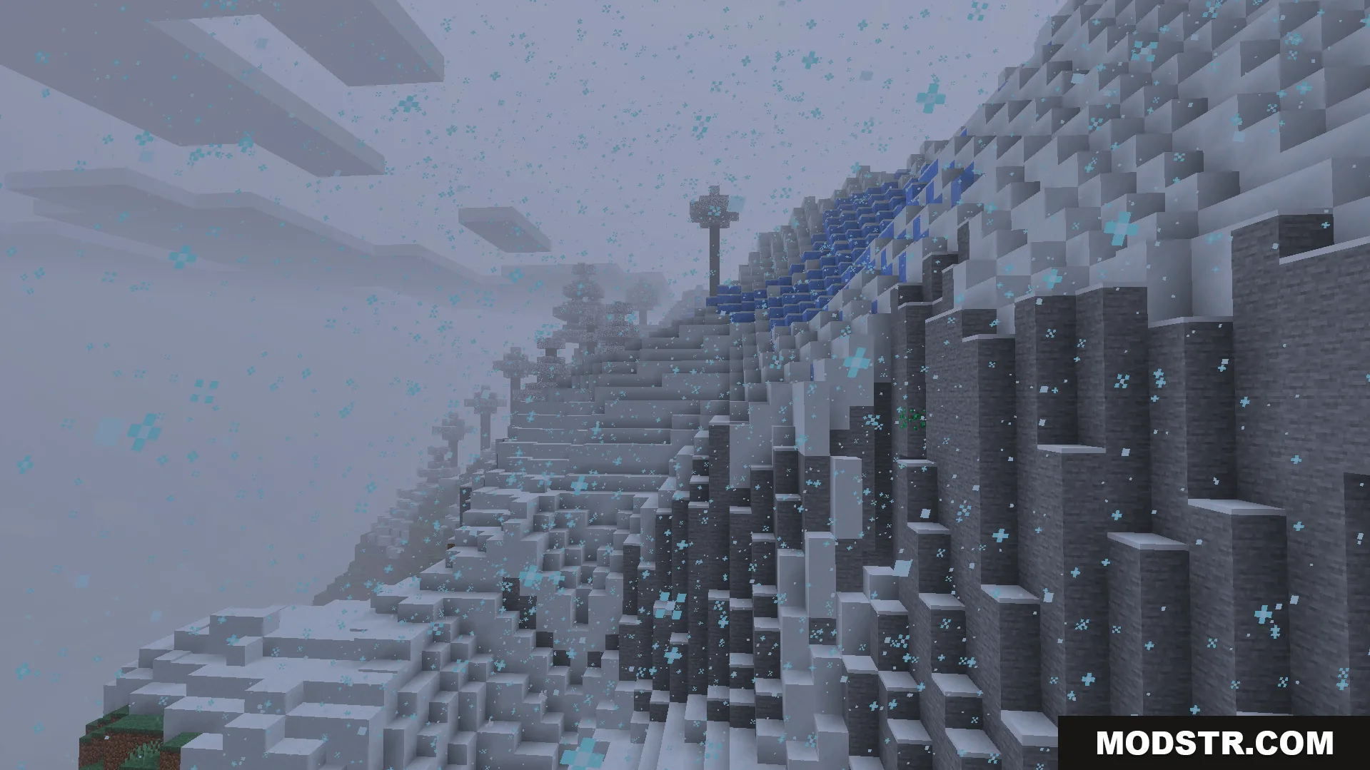 Immersive Rain And Snow Texture Pack showing detailed snowflakes on a snowy mountain