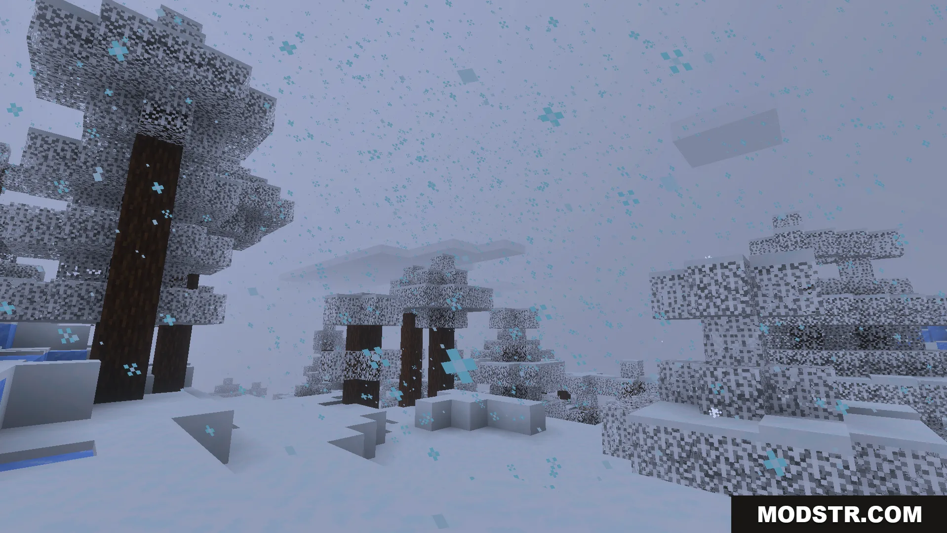 Detailed snowflakes falling among snow covered spruce trees in a frozen forest biome