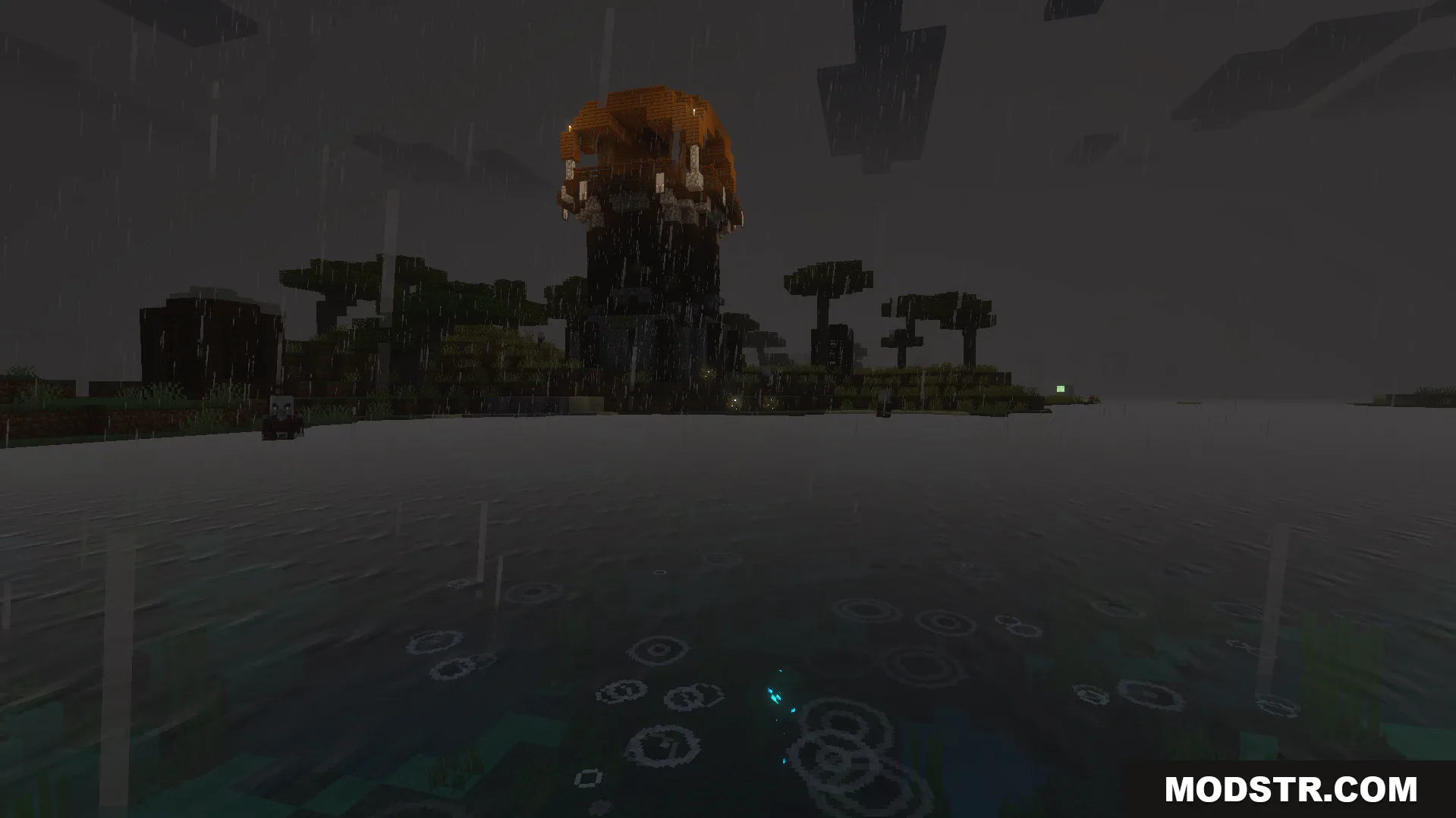 Immersive Rain And Snow Texture Pack adds wind driven rain over a Pillager Outpost