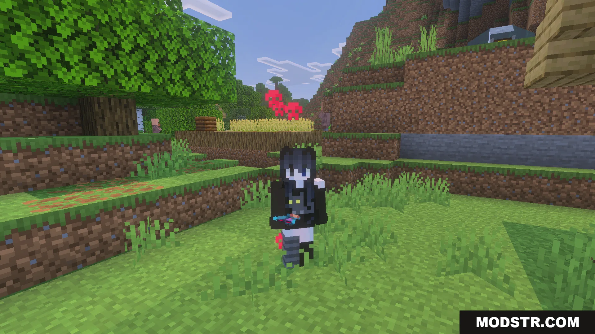Improved Bossbars Texture Pack Screenshot 3 A Minecraft player stands in a grassy field with red hearts floating nearby