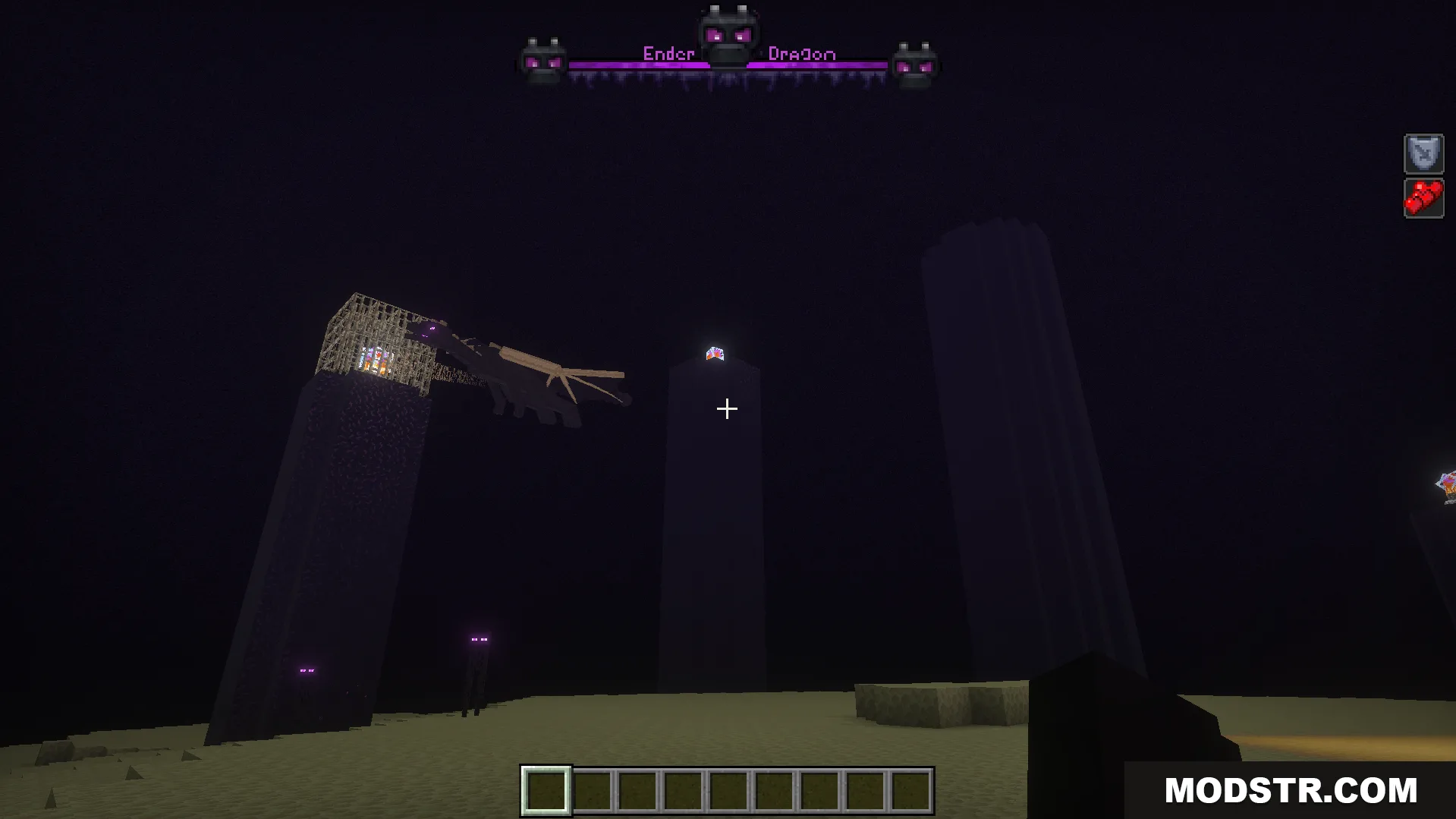 Improved Bossbars Texture Pack Screenshot 7 Ender Dragon flying near obsidian pillars with a glowing fantasy boss health bar