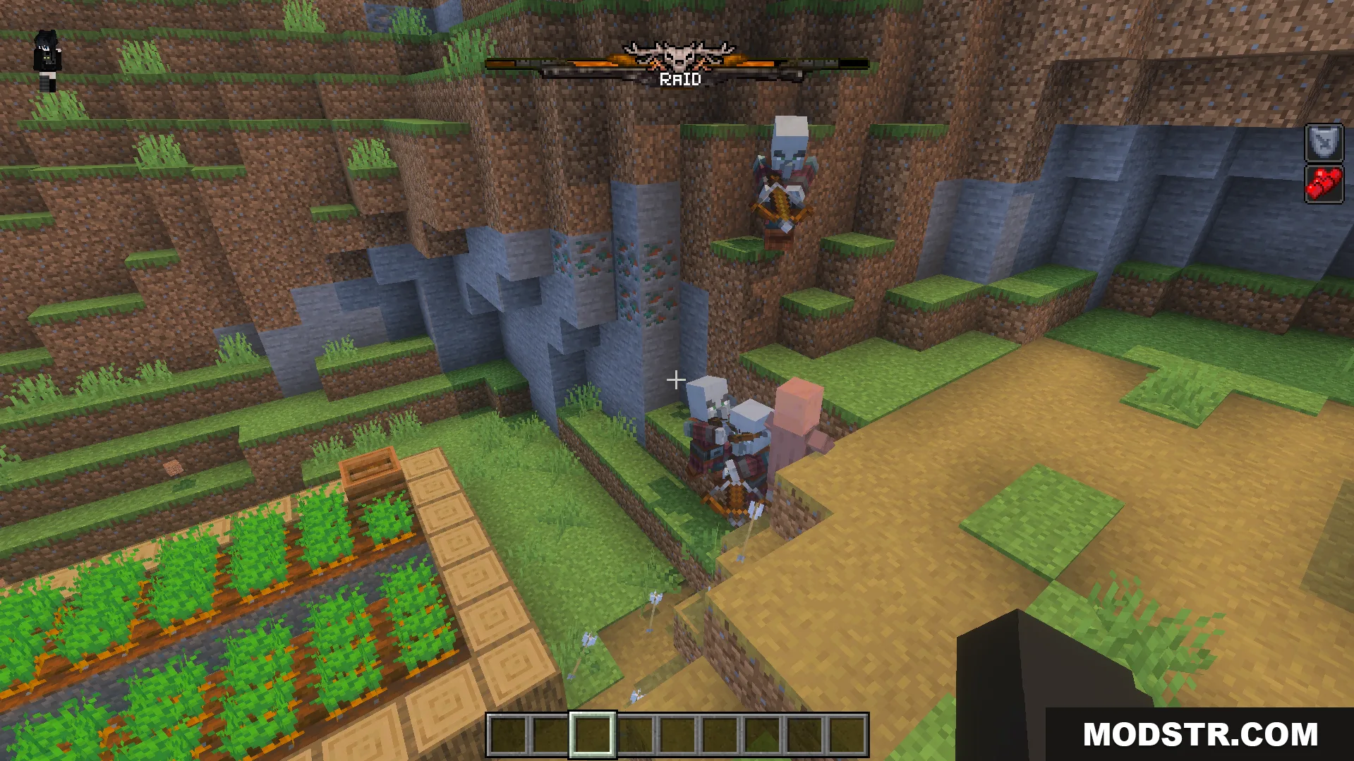 Improved Bossbars Texture Pack Screenshot 6 Pillagers attack a villager under a custom fantasy themed raid bar