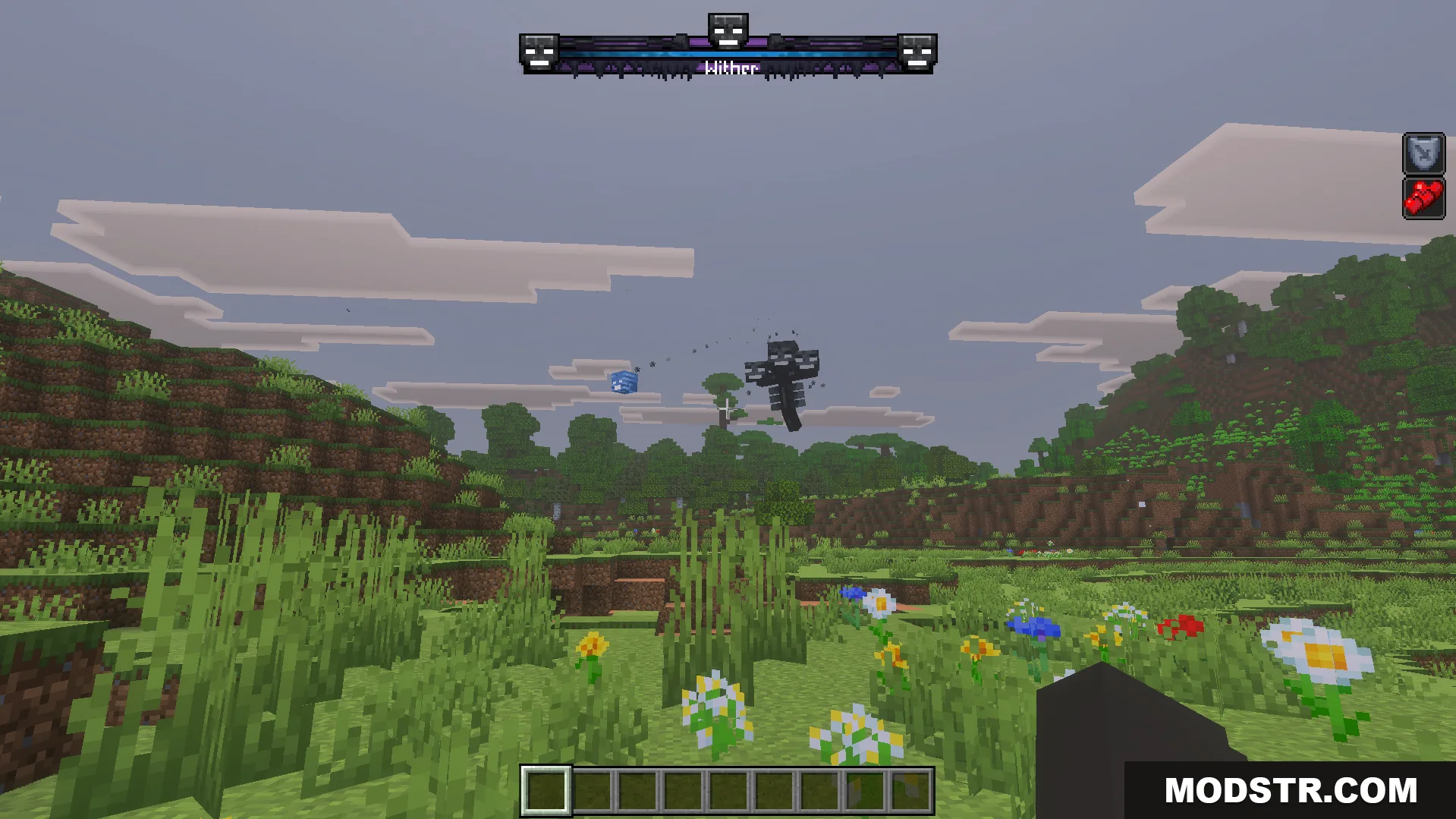 Improved Bossbars Texture Pack Screenshot 2 Black Wither boss shoots a blue skull under a fantasy boss health bar