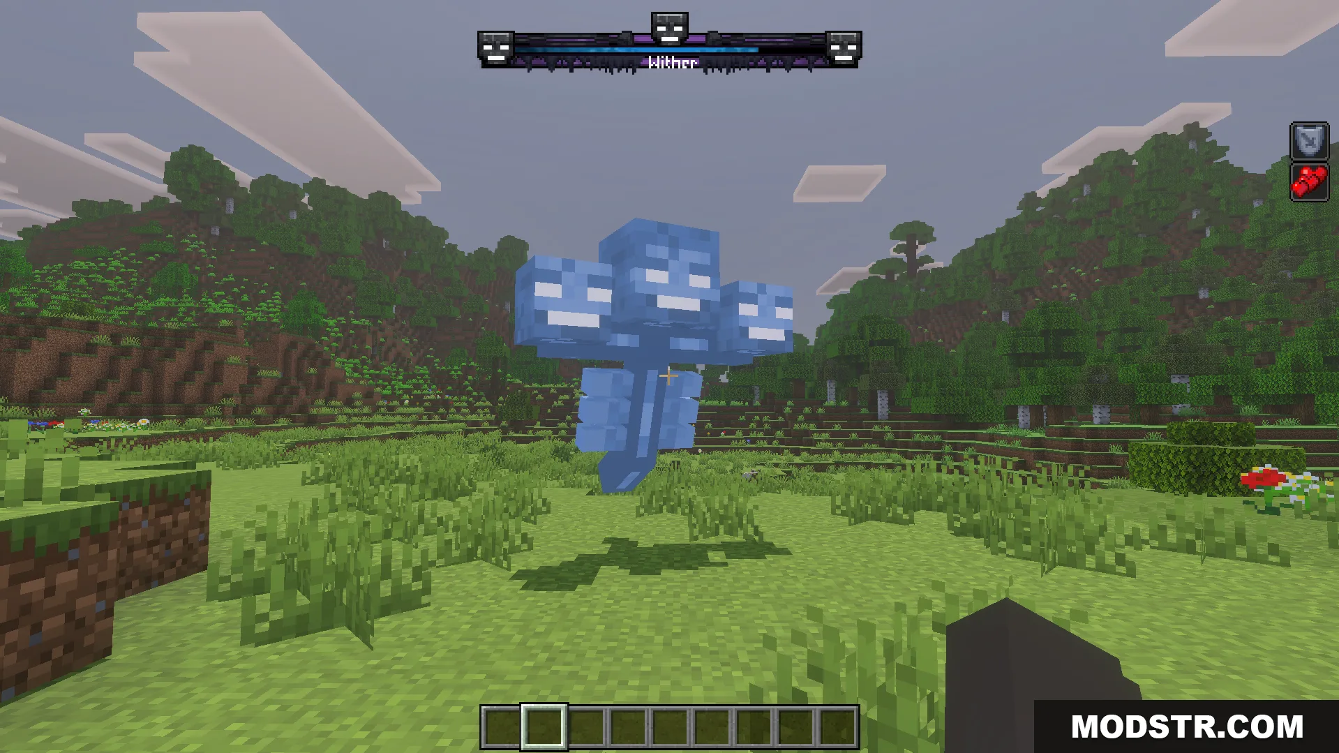 Improved Bossbars Texture Pack Screenshot 1 A blue Wither boss floats in a field with Improved BossBars Texture Pack