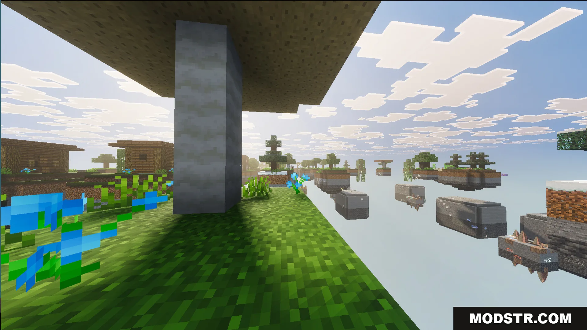 Blue flowers on a grassy island overlooking many other floating islands in void