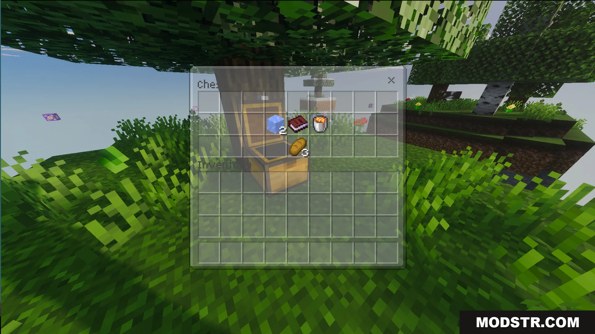 Open chest containing ice blocks lava bucket and bread on a floating island