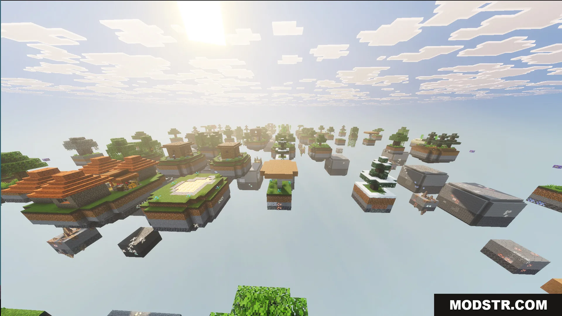 Infinite Skyblock Map generates various floating islands with structures across the endless void
