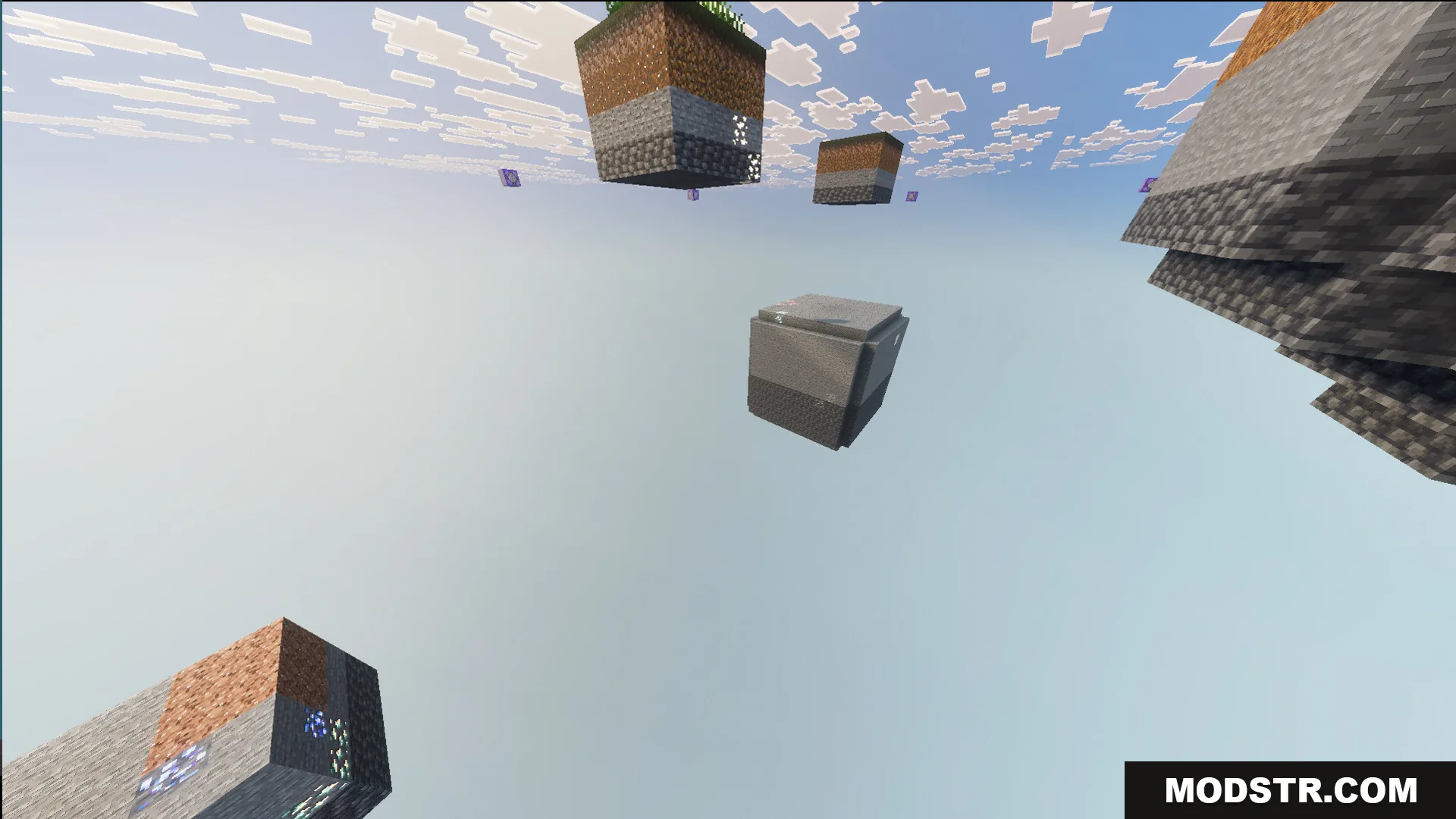 A view of several small floating islands generated throughout the endless sky void