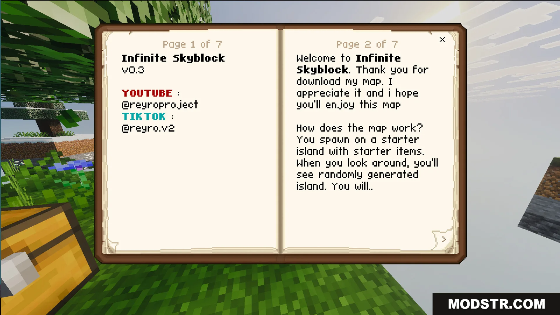 Minecraft book interface displaying details and instructions for the Infinite Skyblock map