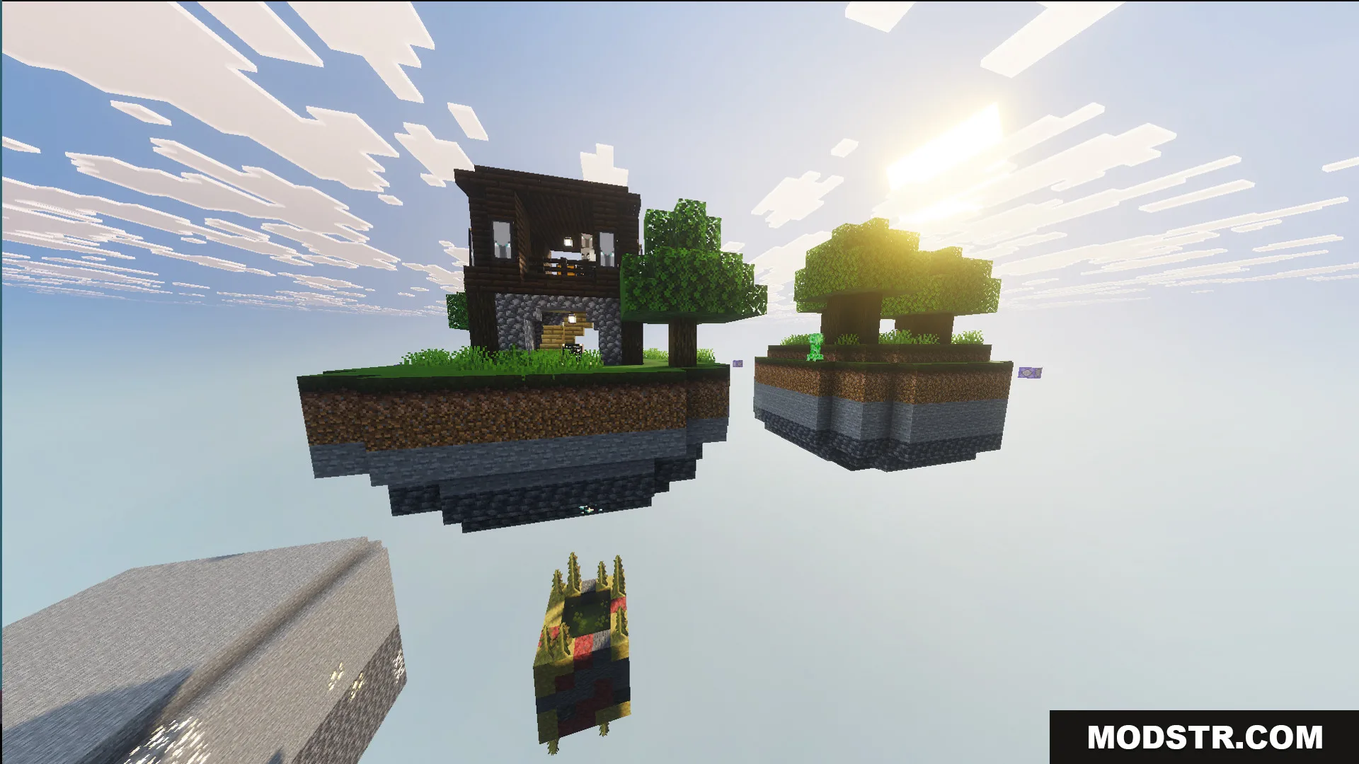 A wooden house and green trees on floating islands above the void