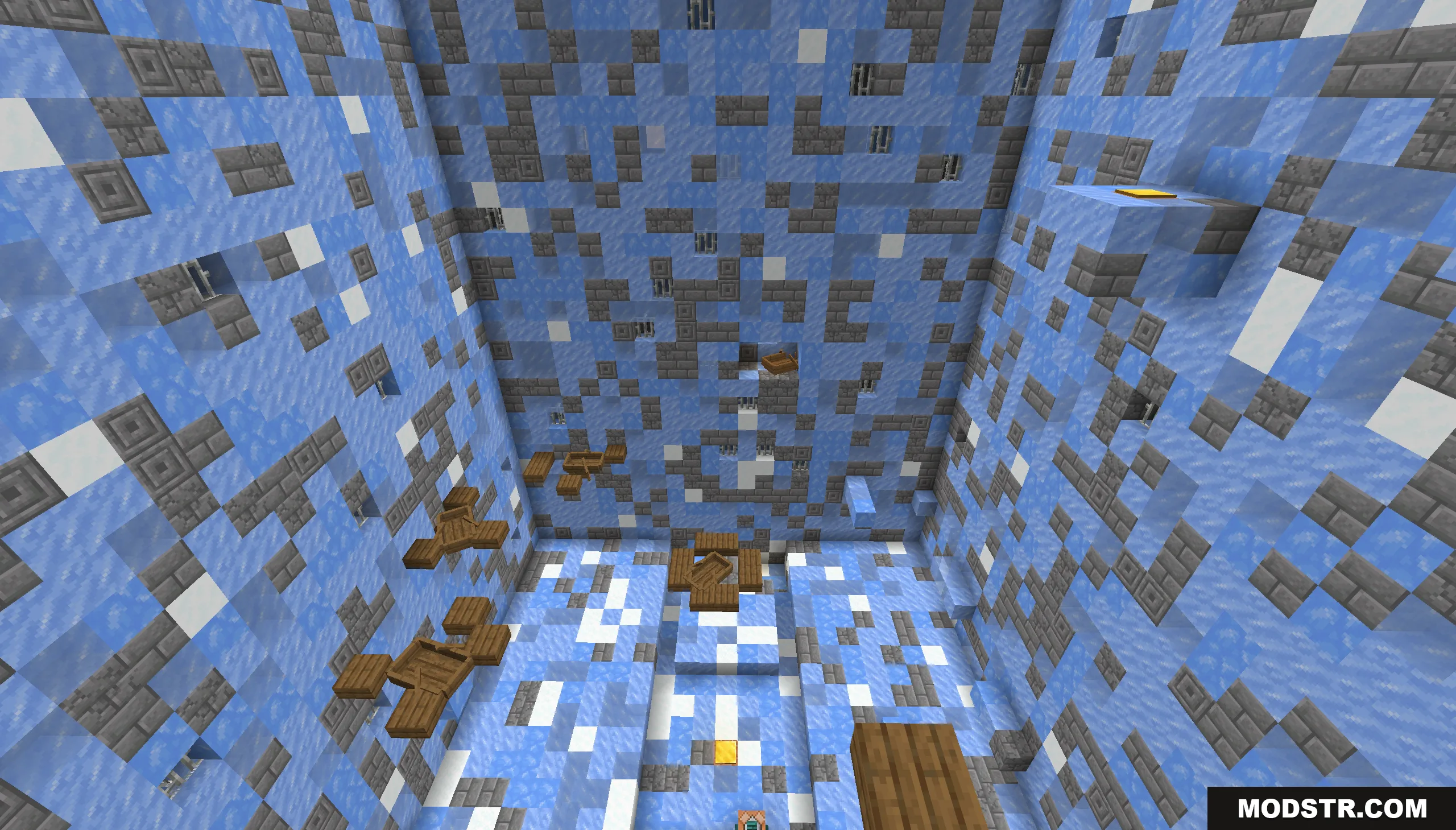 Infinite Tower Parkour Map Screenshot 7 Vertical ice tower level with wooden trapdoor platforms in Infinite Tower Parkour Map