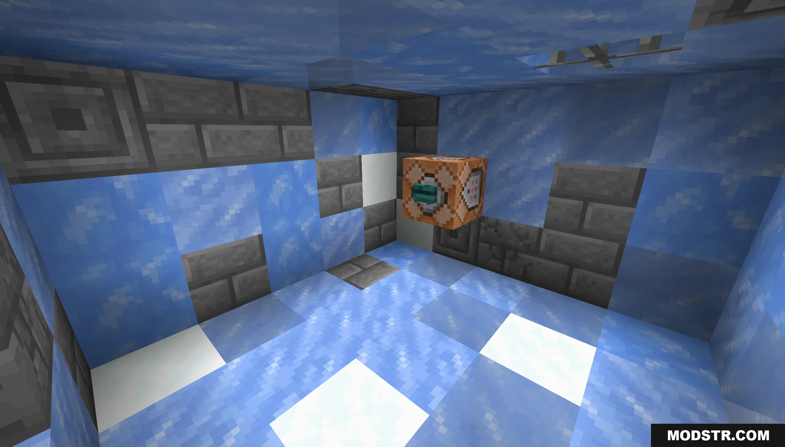 Infinite Tower Parkour Map Screenshot 9 A command block with a button floating inside an icy stone brick room