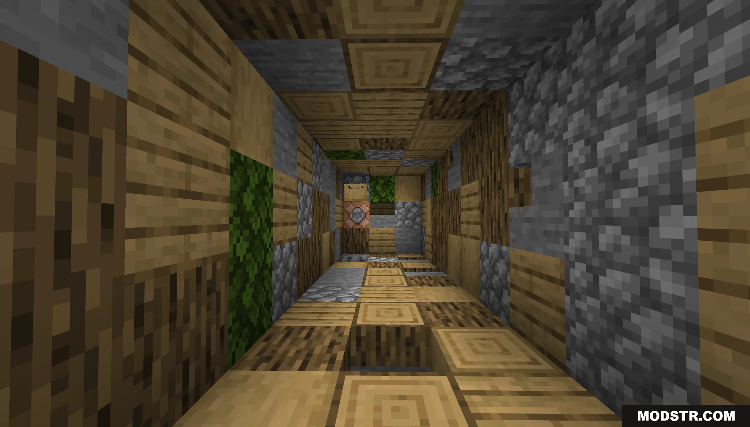 Infinite Tower Parkour Map Screenshot 8 Narrow tunnel built with mixed wood and stone blocks leading to a command block