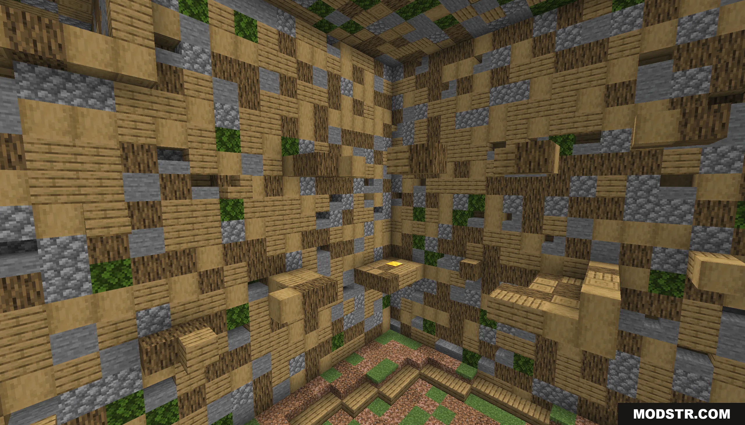 Infinite Tower Parkour Map Screenshot 3 A parkour room featuring walls made of oak wood and cobblestone blocks
